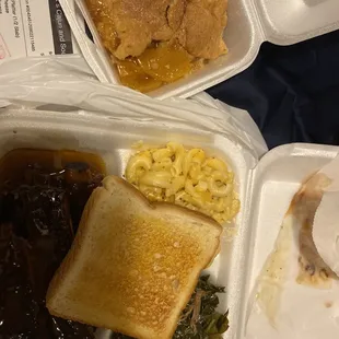 Ribs,Mac and Cheese, Collard Greens, Peach Cobbler