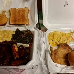 Rib tips, pork chops mac n cheese collard greens and Coleslaw