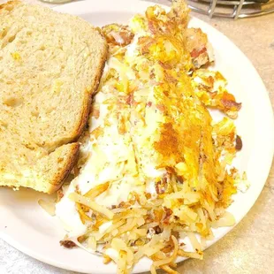 Half garbage plate with bacon, mozzarella, and no veggies with their homemade toast