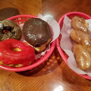 Blueberry, Red Glazed, Cream filled chocolate glaze, Twisted donut