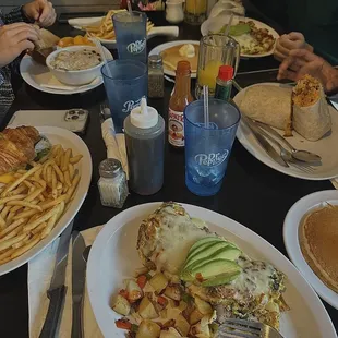 Veggie scramble, oatmeal, pancakes, burrito, croissants sandwich