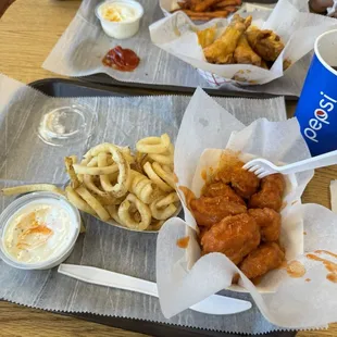 Full meal with fries, wings and drink