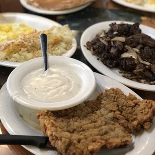 fried chicken, hash browns, and pancakes