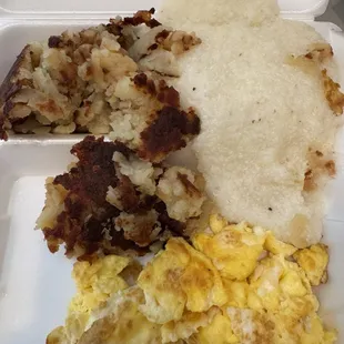 Half hash browns, half grits, with hard scrambled eggs