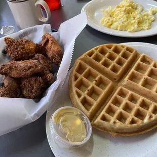 Wings and waffle and side of eggs