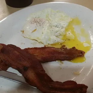 Best bacon and eggs ever. Bacon is thick and crispy.