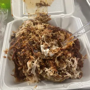 I ordered a baked potato with chicken and pull pork with a Mountain Dew.