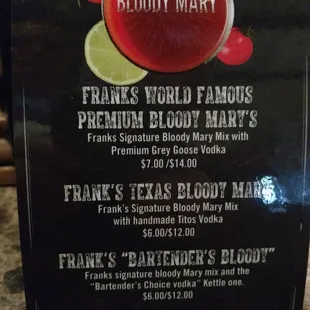 a bloody mary menu
