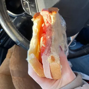 a hand holding a sandwich