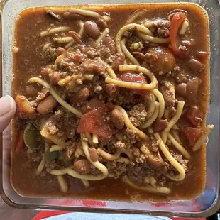 Franks chili traffered to my glass bowl and ready for work!