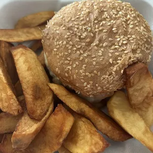Grilled Chicken Sandwich with Franks Fries I think that is what they are called.
