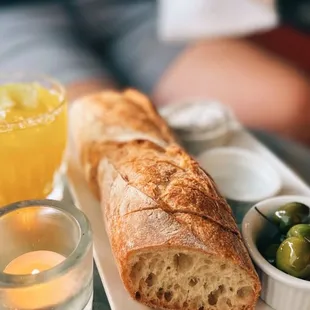 Baguette, marinated olives, leek ash butter &amp; maldon salt