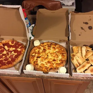 Medium Pepperoni, Medium Buffalo Chicken and Breadsticks