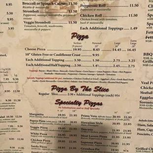 Menu of Calzones, Rolls, and various Pizza options (as of 10/22/2023)