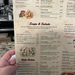 Menu of Appetizers, Soup and Salads, Side Orders (as of 10/22/2023)