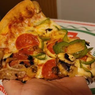 a hand holding a slice of pizza