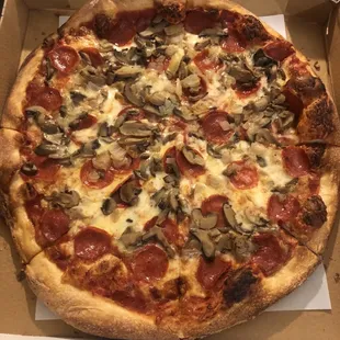 Plain pizza with mushrooms, onions, and pepperoni