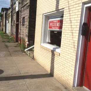 a red door and window