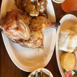 Pecan roasted chicken with gravy, Green Beans, Fried Okra and freshly baked biscuits