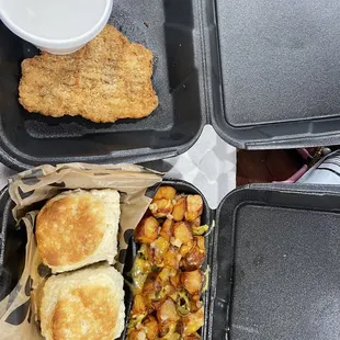 Chicken fried steak, white gravy, Mexican hashbrowns, biscuits