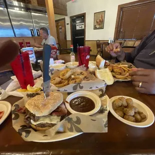 Smokehouse Burger, Homemade Onion Rings, Fried Okra &amp; Oyster Po-Boy.
