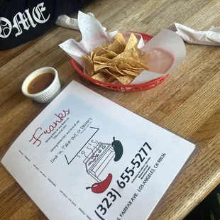 Menu with complimentary chips/salsa