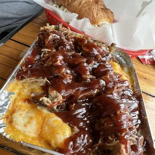 Mac and Cheese covered in BBQ pulled pork