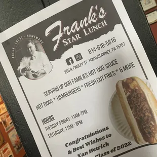 a menu for a hot dog