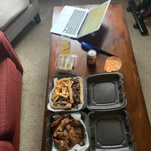 Large Cheesesteak, Fries, &amp; Can Soda, garlic parm wings, and carrot cake.
