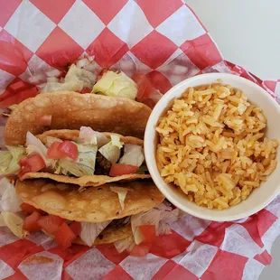 Crunchy Taco special. 3 crispy tacos (ground beef filling) side of rice.