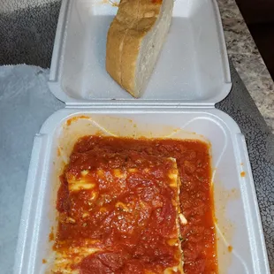 Lasagna (it's HUGE!) and packaged cold to be heated up at home.