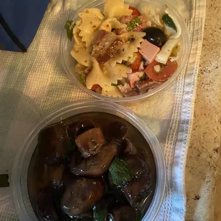 Marinated mushrooms and pasta salad from deli counter