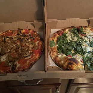 Marinara with pepperoni, sausage and mushrooms and Pizza Bianco.