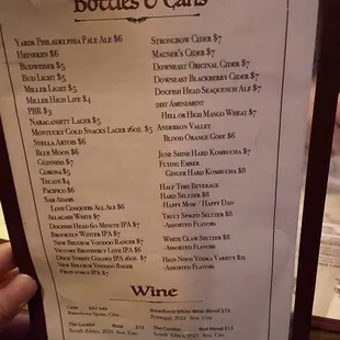 a menu for bottles and cans