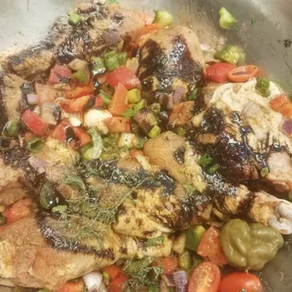 Brown Stew Chicken, Rice, and Peas, Cabbage