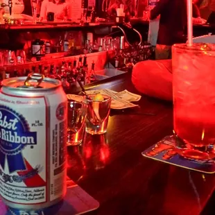 a can of bud on the bar