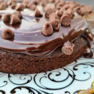a chocolate cake with chocolate chips on top