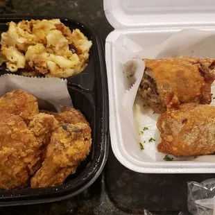 Cheesesteak eggrolls, fried chicken, macaroni &amp; cheese, string beans