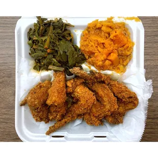 fried chicken, mashed potatoes and greens