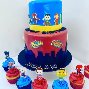 Two tier baby superheroes fondant cake