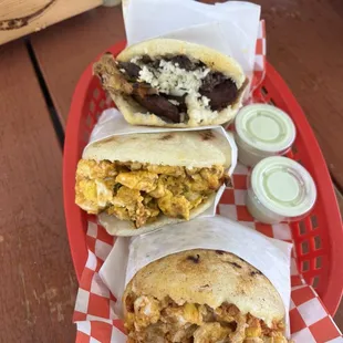 2 - Chorizo Arepa Egg and Cheese, 1 arepa with plantain and black beans