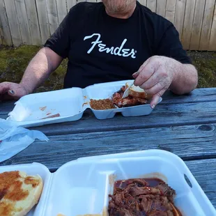 Brisket and Rib sandwiches, Mac n cheese and beans
