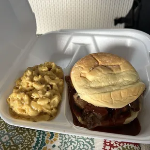 Brisket sandwich with side of Mac and cheese