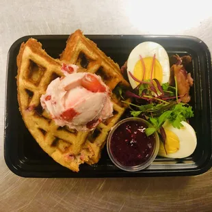 Keto waffles, strawberries and cream, blackberry compote