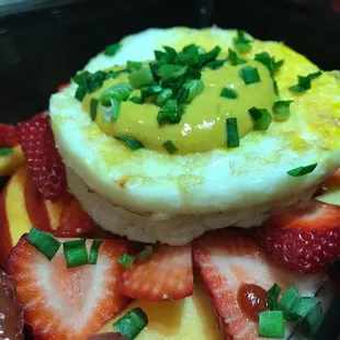 Fried egg, Fran's sauce, fruit salad