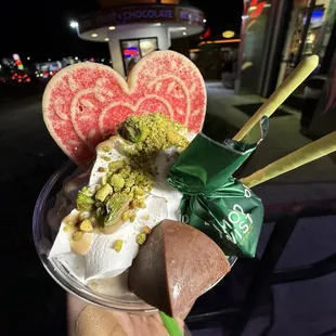 Dubai Latte with mini chocolates and a sugar cookie