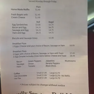 Breakfast menu