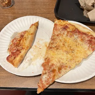 two slices of pizza on a paper plate