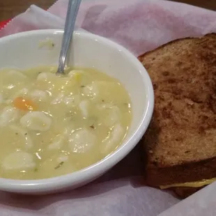 Chicken and dumpling soup and grilled cheese lunch special with a drink and tax was $9. Not much chicken in the soup.