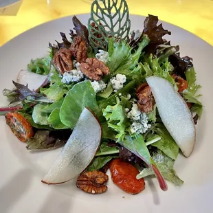 Mixed salad with pear slices, spiced pecans, Gorgonzola cheese, maple bourbon vinaigrette